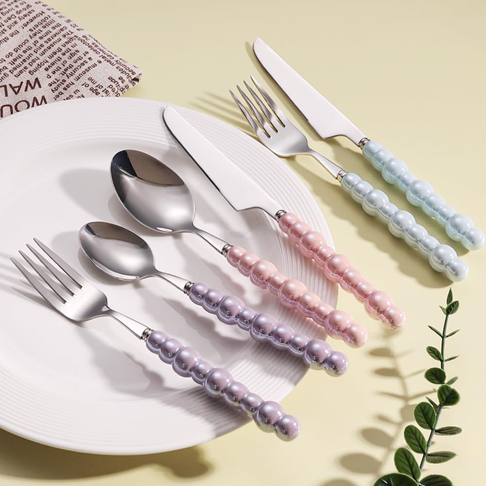 16 Pezzi Creativo Perla Manico In Ceramica Cucina Acciaio Inossidabile Argenteria Posate Posate Set Di Posate Per 4 Persone ， Creativo Hotel Casa Coltello Da Bistecca Cucchiaio Da Dessert (Bianco)