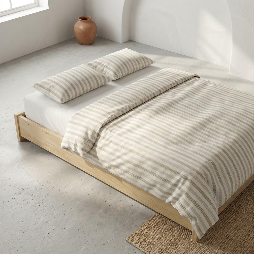 GAMUSI Juego Funda nórdica Cama 180 100% algodón - 2 Fundas Almohada 50x95 cm, Estampado Rayas Color Taupe