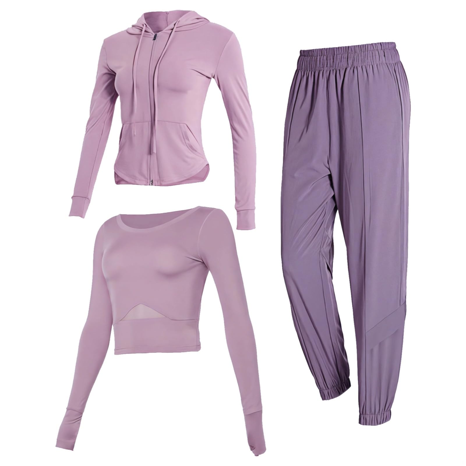 Conjunto de fitness de 3 piezas para mujer, conjunto de yoga con chaqueta con capucha, tela transpirable, tallas S-XXL, Púrpura, talla única