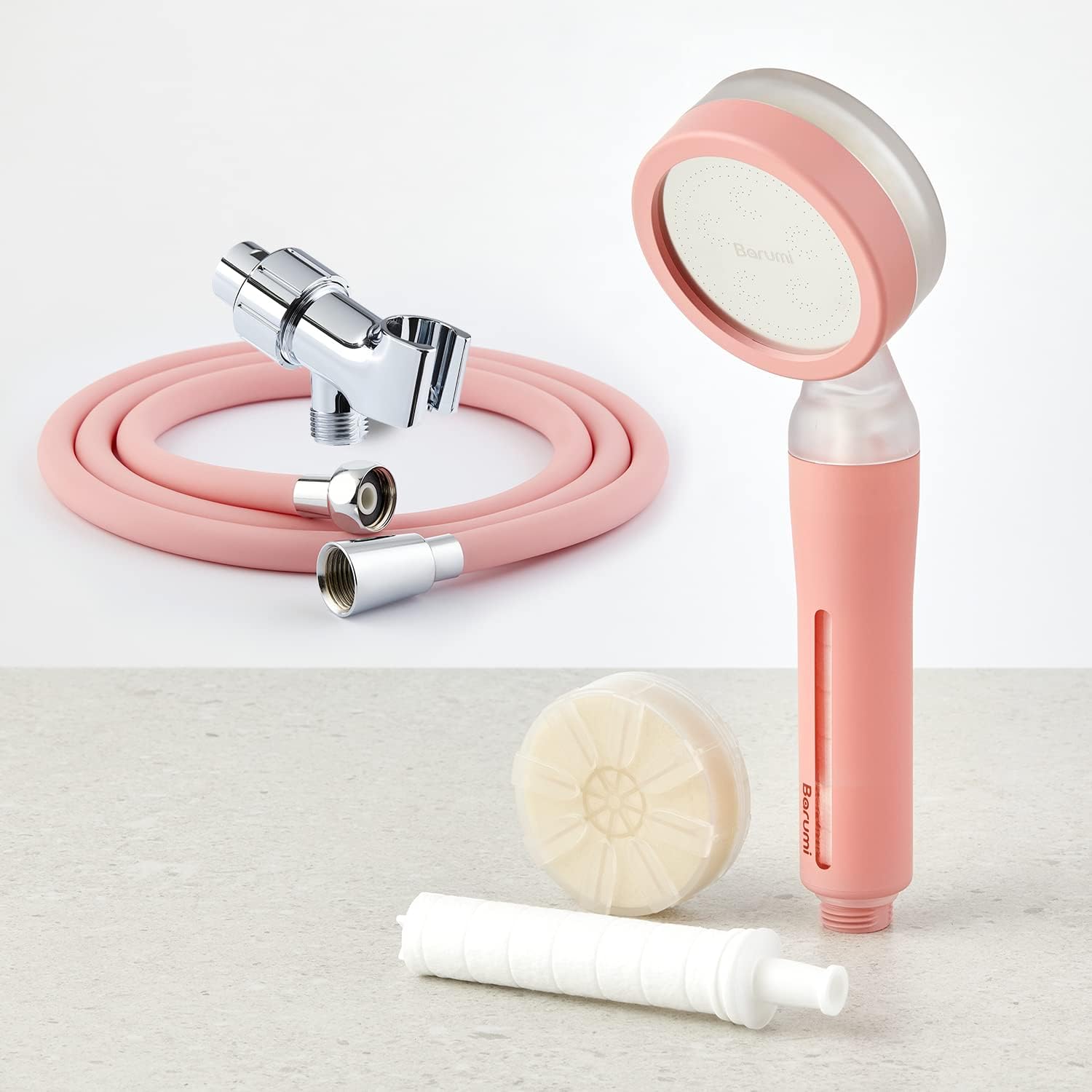 Barumi Pluo Handheld Filtered Showerhead Set (1 Vitamin C & Sediment Filter Included) with PVC Hose, Shower Head Holder - Pink