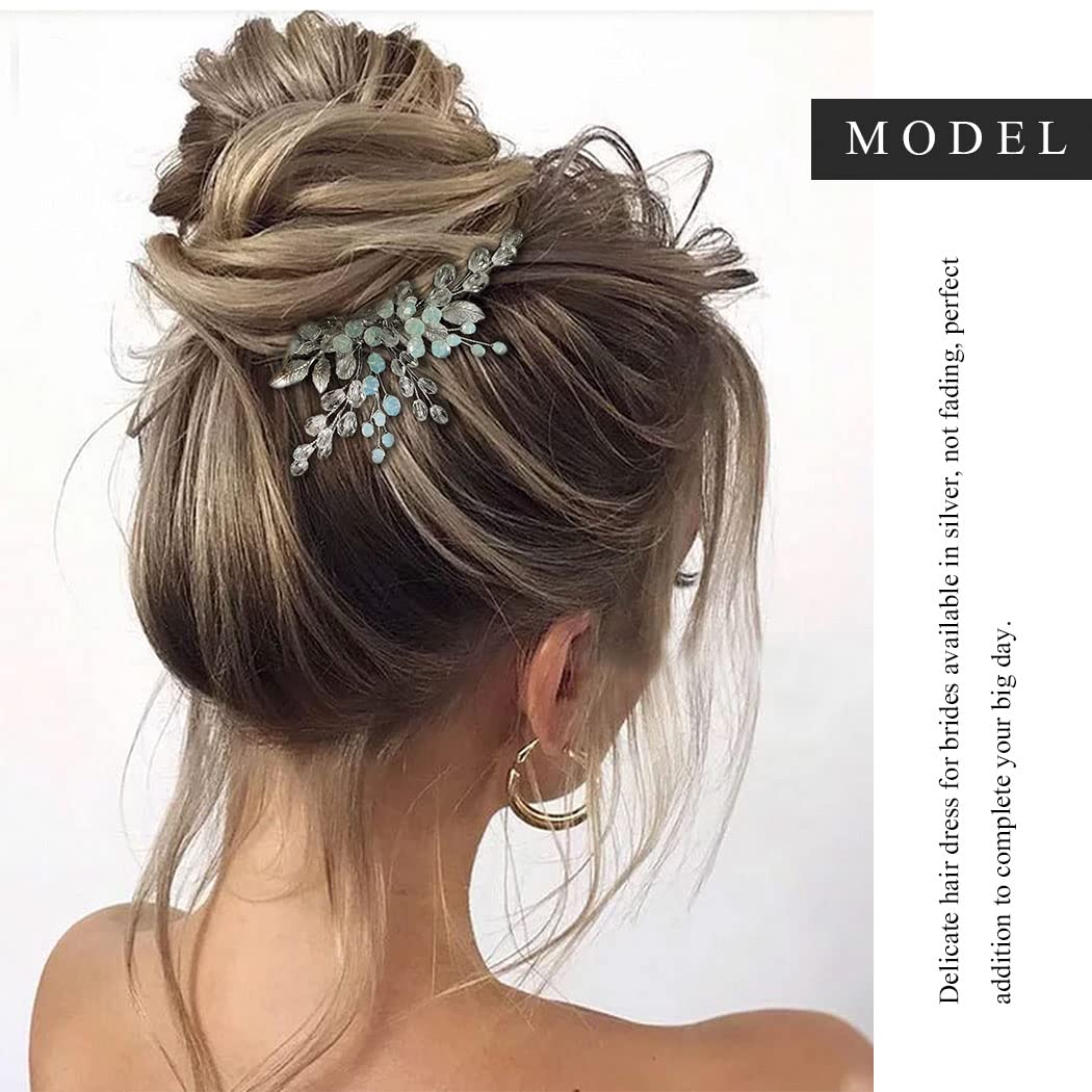 Easedaily Crystal Bride Wedding Hair Comb Silver Leaf Bridal Hair Piece Opal Rhinestone Side Comb Bridal Hair Accessories for Women and Girls - Image 7