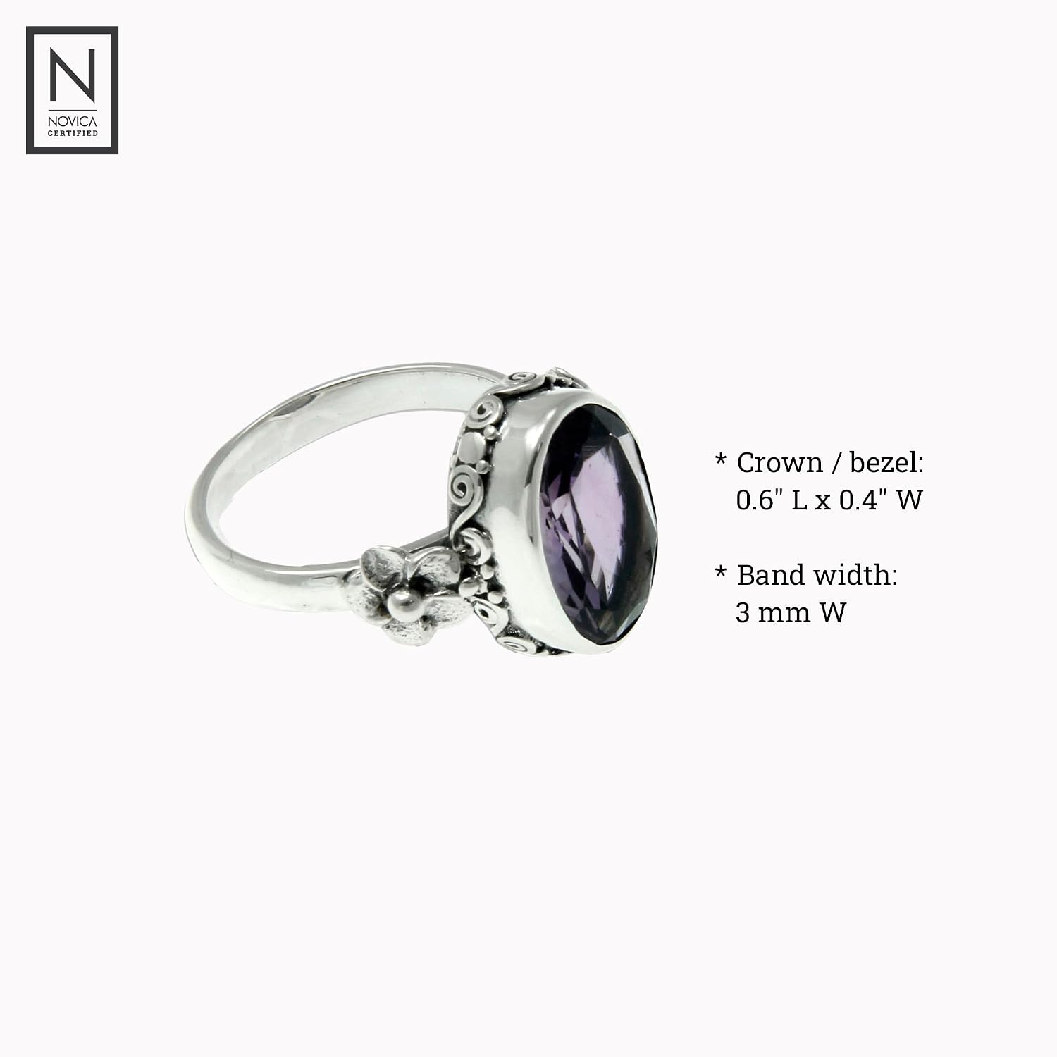 NOVICA Artisan Handmade Amethyst Solitaire Ring Floral Sterling Silver Purple Single Stone Indonesia Mauve Mist Birthstone [crownbezel 0.6 in L x 0.4 in W x 0.2 in H Band Width 3 mm W] '