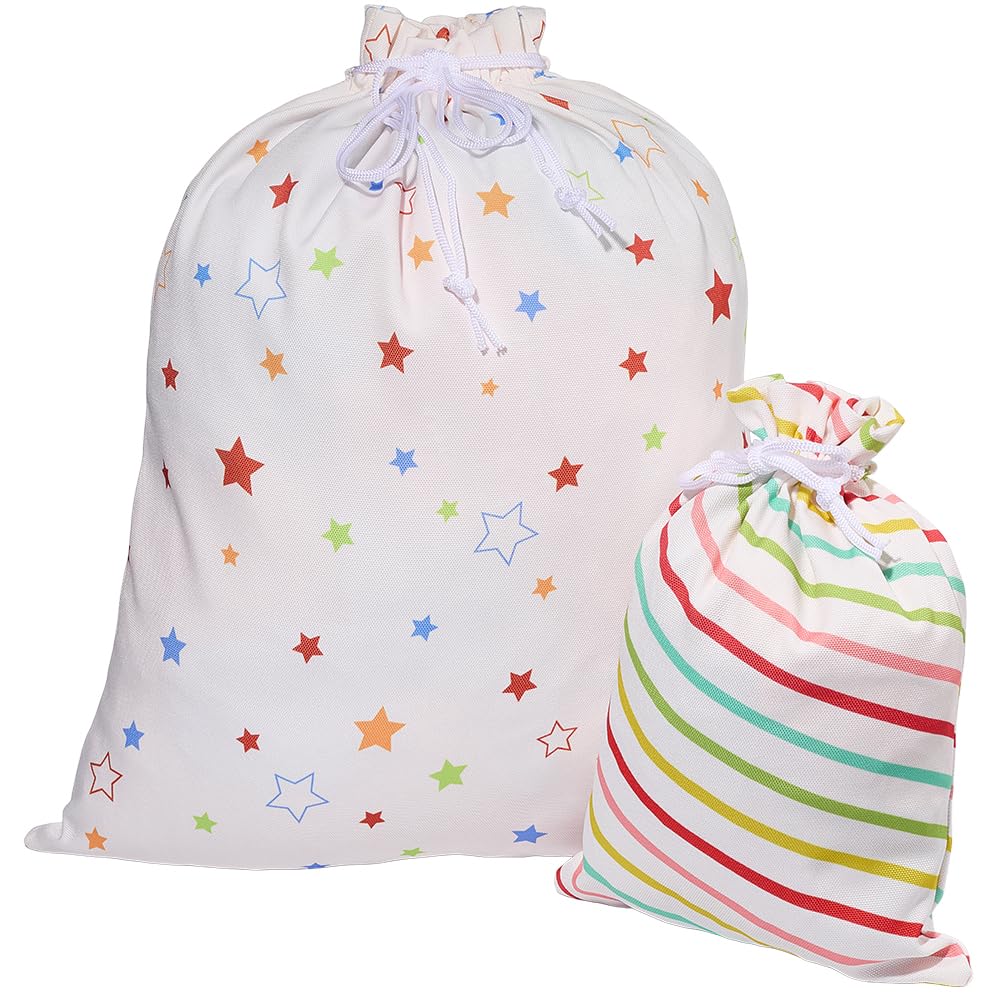 CREATCABIN 2 Sizes Star Gift Bag with Drawstring Large Reusable Stars Stripe Printed Present Wrapping Sack Fabric Gift Wrap Bags for Wedding Valentines Anniversary Packing Party Favors 20x16in 12x9in — image 1