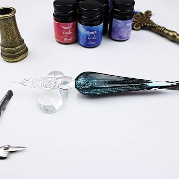 Calligraphy Feather Pens Ink Set, Quill Writing Pen Set, Owl Feather Pen,Antique Calligraphy Dip pen for Beginners and Professional (Deep blue)