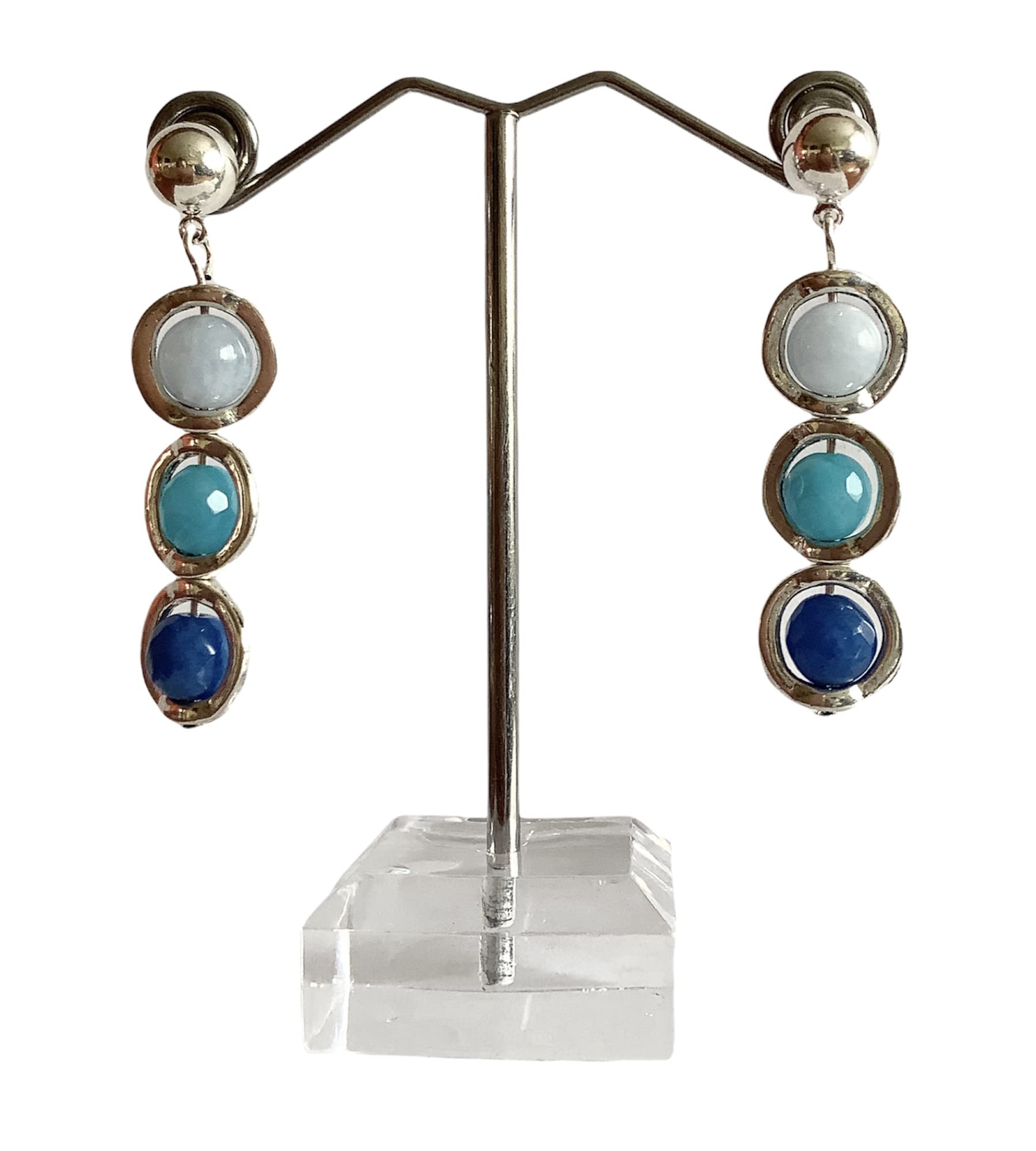 Pendientes Colgantes Aros con Piedras Naturales Ágatas Azul y Turquesa en Zamak color plata