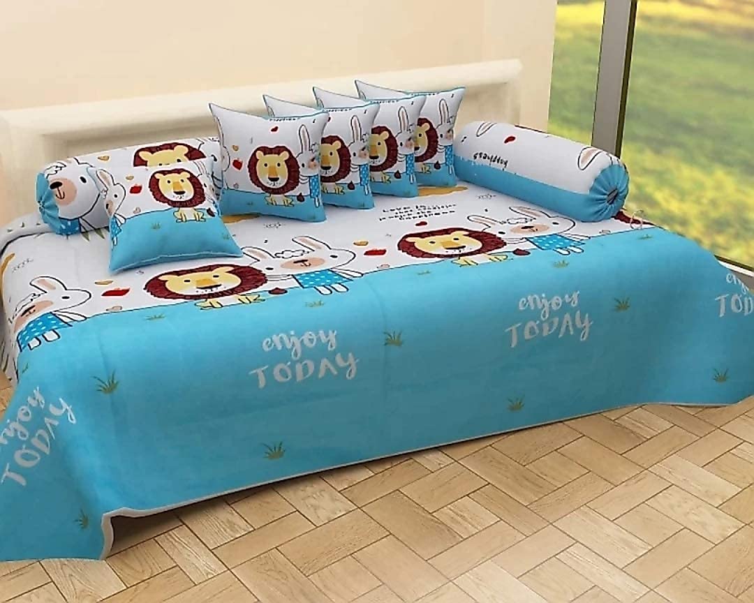MORADO® 160 TC Glace Cotton 8 Pieces Diwan Set Including 1 Bedsheet, 5 Cushion Covers and 2 Bolster Covers, White & Blue-image-35