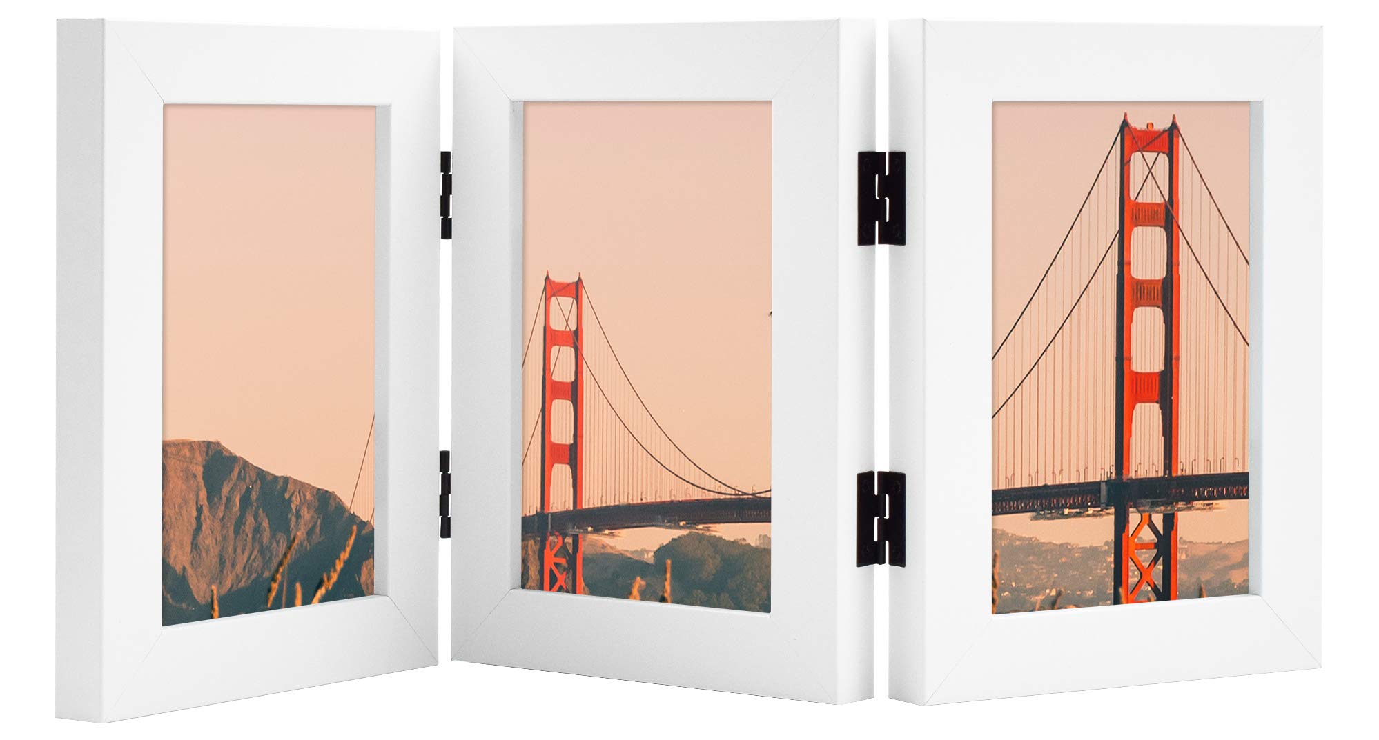Frametory, 4x6 Trifold Picture Frame Hinged Photo Frames Three Folding Frame Desktop Glass Frame Vertical (White, 4x6 Triple)