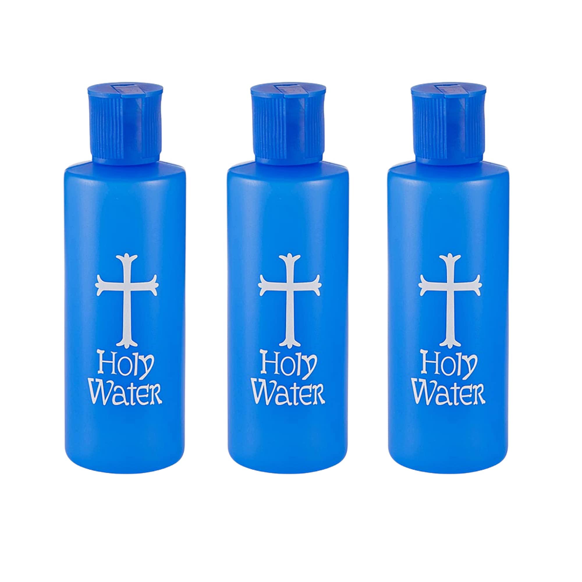 Needzo Small Blue Holy Water Bottles with Flip Top Pour Spout Refillable Plastic Container with White Cross, No Spill Lid, 4 Ounce, Pack of 3
