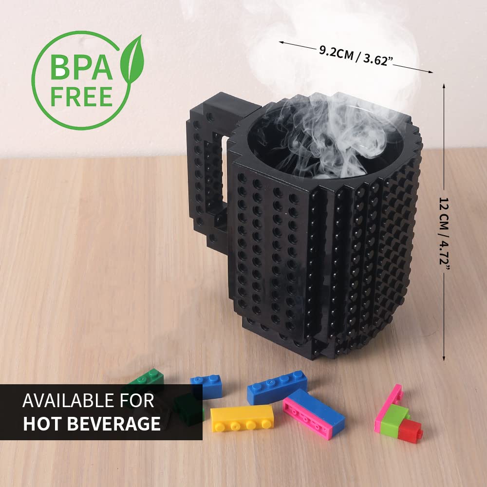 Lumsburry Build-on Brick Coffee Mug, Funny DIY Novelty Cup with Building Blocks Creative for Kids Men Women Xmas Birthday (Cool Black), view 3