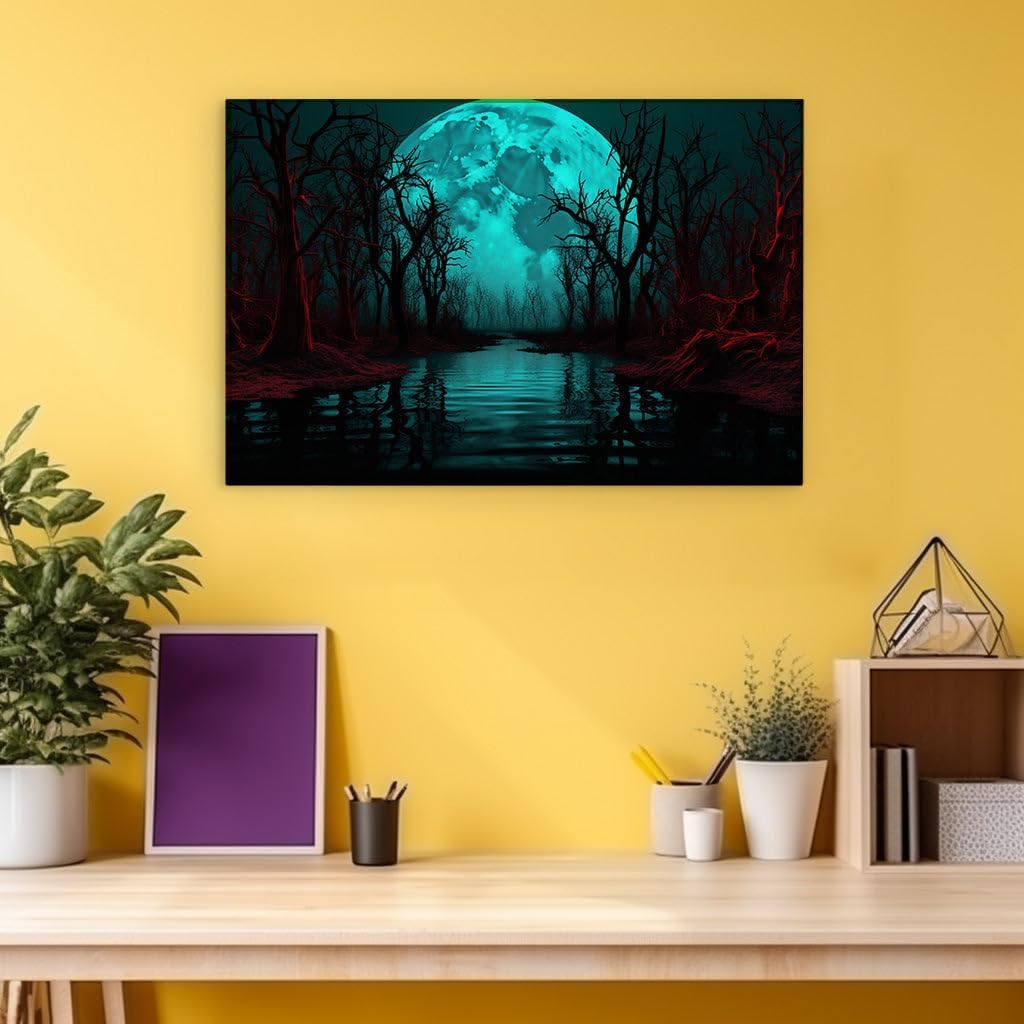 Canvas for Living room. Whispers of the Blue Moon: A Haunting Night by the River's Edge, 27 x 18 inch Canvas Wall Art - Ready to Hang - 69x46 cm (27x18 inch)