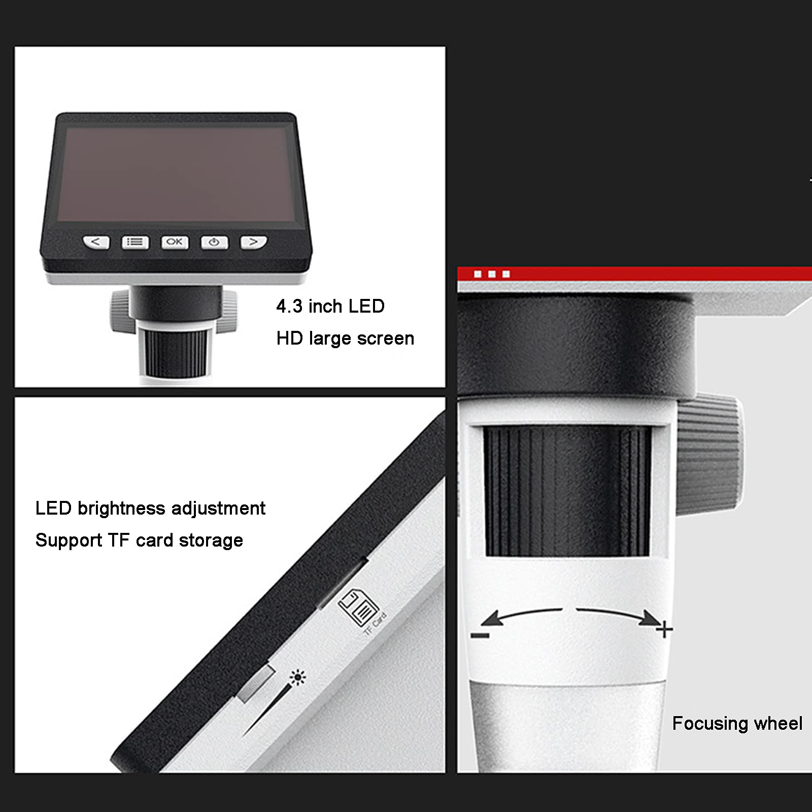 4,3-calowy mikroskop cyfrowy LCD z kartą TF 32G 1-1000X powiększenie ręczny aparat rejestrator wideo 8 LED światło akumulator do naprawy płytki drukowanej