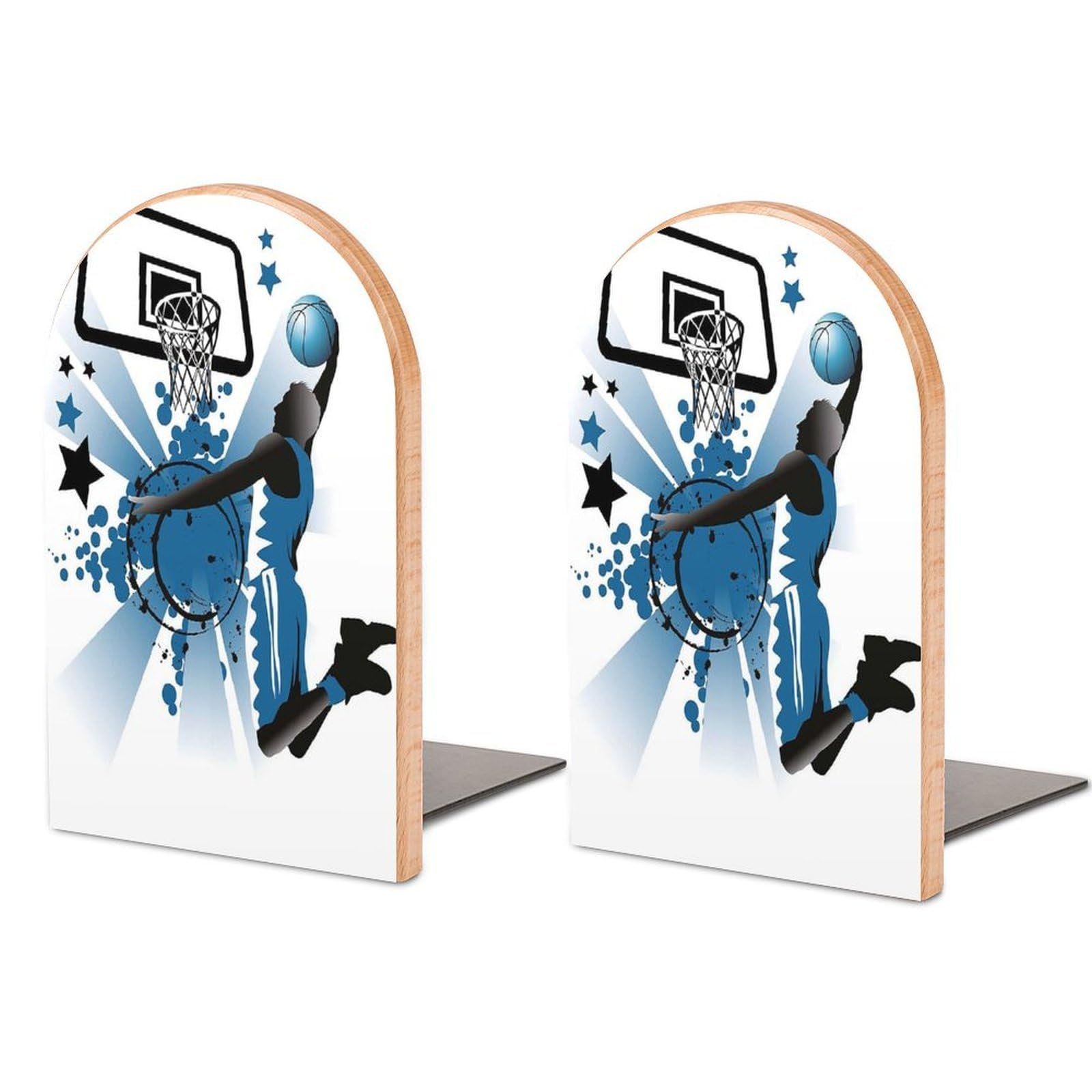 Silhouette of Basketball Player Jumping Success Stars Beech Wood Bookends Heavy Duty Book Organizers Desktop File Holder for Office Home Bookshelf