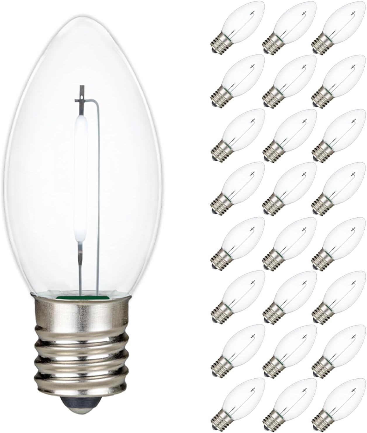 Novelty Lights 25 Pack C9 LED Filament Bulbs, Pure White Shatterproof Plastic Replacement Christmas Lights, E17 Base for Indoor/Outdoor Strings, Dimmable, 0.6W 10,000 Hour Life