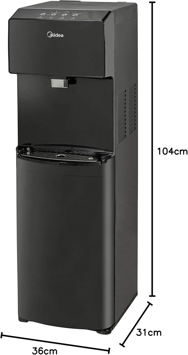 Side view of the Midea MWD2N2B water dispenser with dimensions.