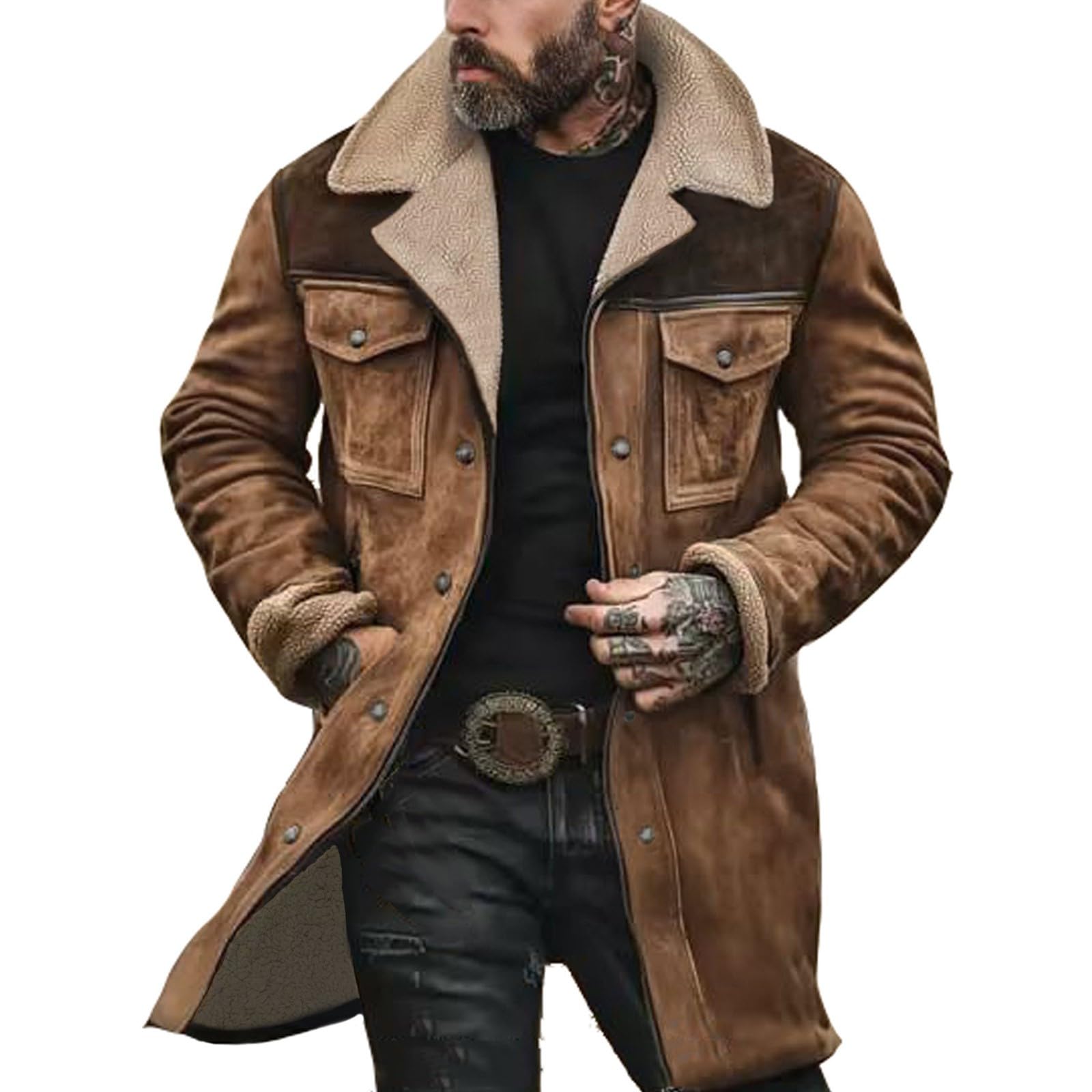 Winterjacke für Herren, Vintage-Jacke aus Wildleder, umgekehrter Kragen, mit Fleece gefüttert, warmer Arbeitsmantel mit Knopf und Taschen, langärmlig, Sherpa, weich