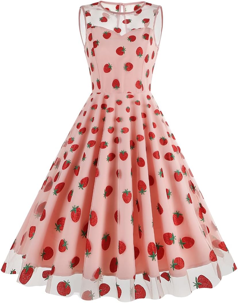 Pink Strawberry Dress - Women's Cute Tulle Summer Prom Dress - Short, Shiny Strawberry Print Vintage Formal Homecoming Tulle Embroidery Dress - XL