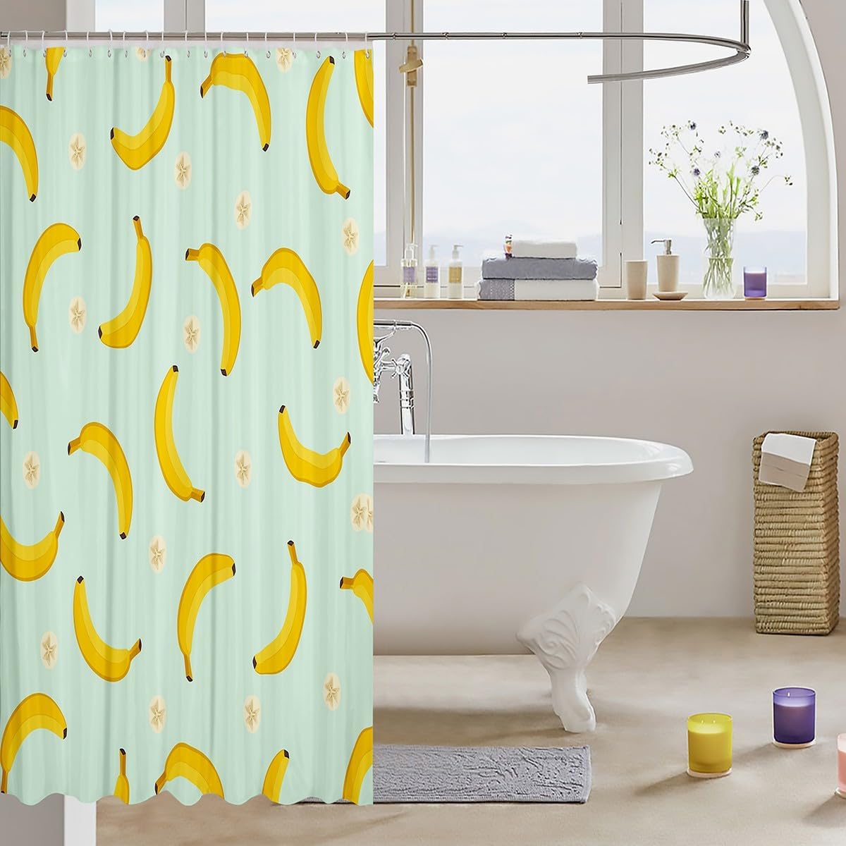 Feelyou Kids Banana Shower Curtain Set Cute Bath Curtain Boys Girls Kawaii Cartoon Tropical Fruit Teens Bathroom Accessories Room Decor 72"x84"