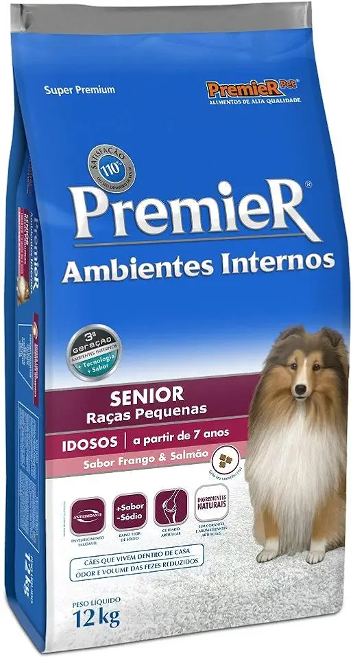 Ração Premier Senior Ambientes Internos para Cães Adultos 7+ Sabor Frango e Salmão, 12kg Premier Pet Raça Idosos,