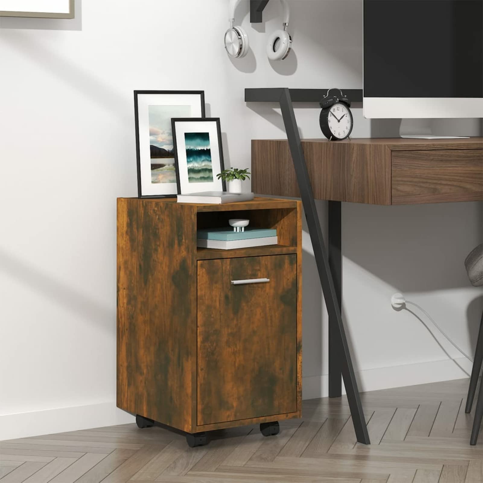 LAPOOH Mobiletto ausiliario ruote, mobile ingresso, credenza ingresso, mobili soggiorno, mobile di stoccaggio, armadio ausiliario, compensato rovere affumicato 33x38x60 cm
