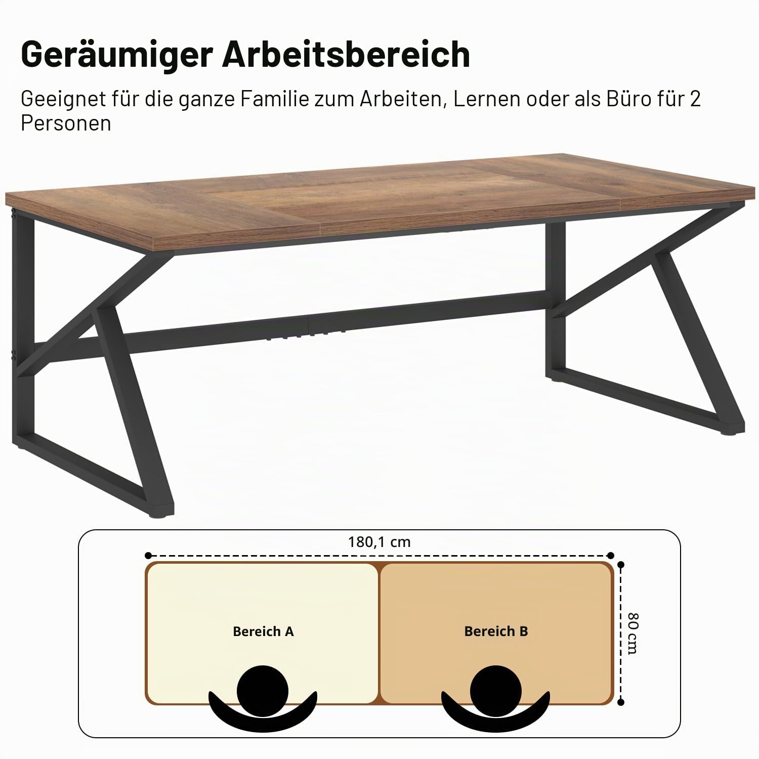HSH Schreibtisch 180 cm Langer Computertisch Tisch Großer Homeoffice PC Tish Für 2 Personen Industriell Holz und Metall Executive Arbeit Schreib Studien Gaming Tisch Schreibtische Rustikale Eiche