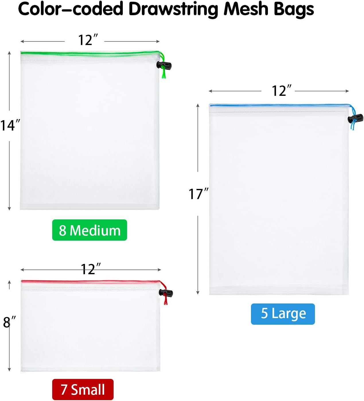 Frienda 20 Pieces Reusable Produce Bags Mesh Pouch Toy Storage Bags Drawstring Washable Organization 5 Large 8 Medium 7 Small for School Office, Puzzles Games Storage(Blue, Green, Red)