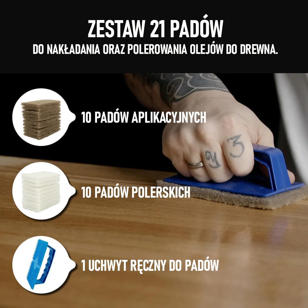OLI-NATURA Padset z uchwytem ręcznym i 20 podkładkami - Kompletny zestaw do profesjonalnego nakładania oleju na drewno - Podkładki do masażu i polerowania