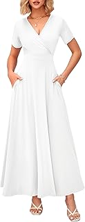Women's Summer Maxi Dress Short Sleeves Wrap V Neck Long Dresses with Pockets - Buy now
