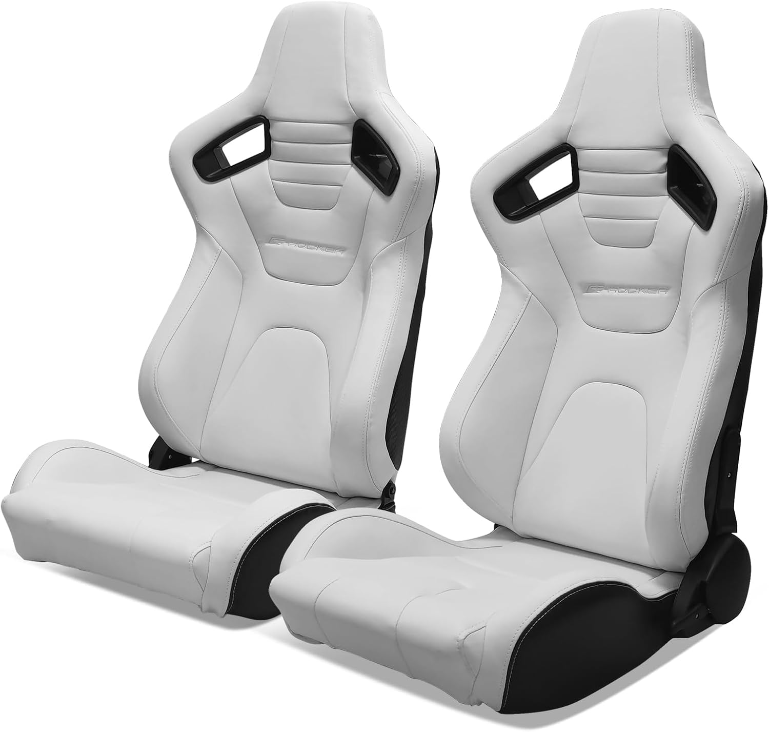 Universal Pairs of Racing Seat with Dual Sliders, PU Leather Front+Carbon Leather Back Reclinable Bucket Seat, White w/LOGO
