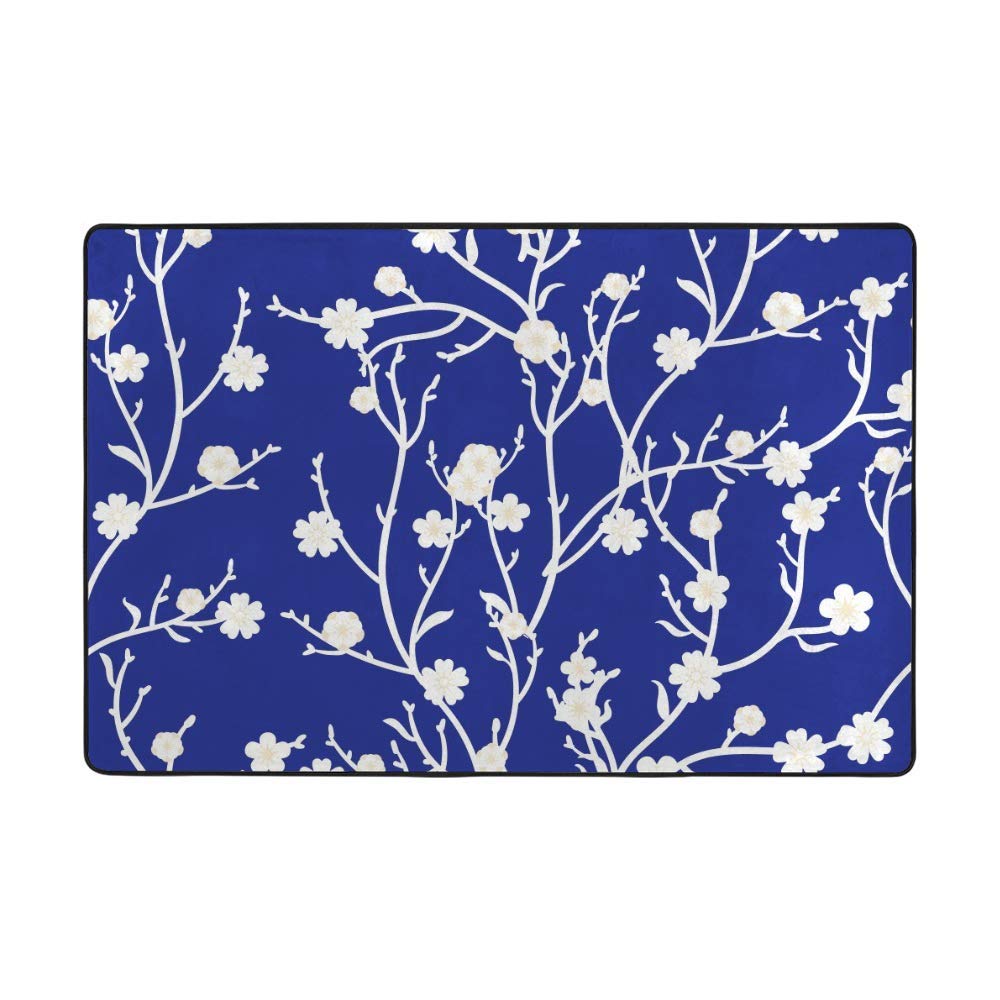 Tapis super doux velours épais fleurs Sakura blanc bleu corail