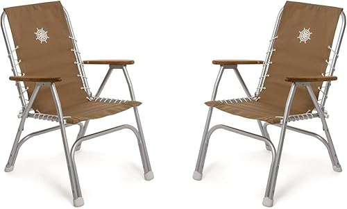 FORMA MARINE Sillas de barco con respaldo alto, cubierta marrón claro, plegable, muebles de teca de aluminio marino, juego de 2 unidades M150BR