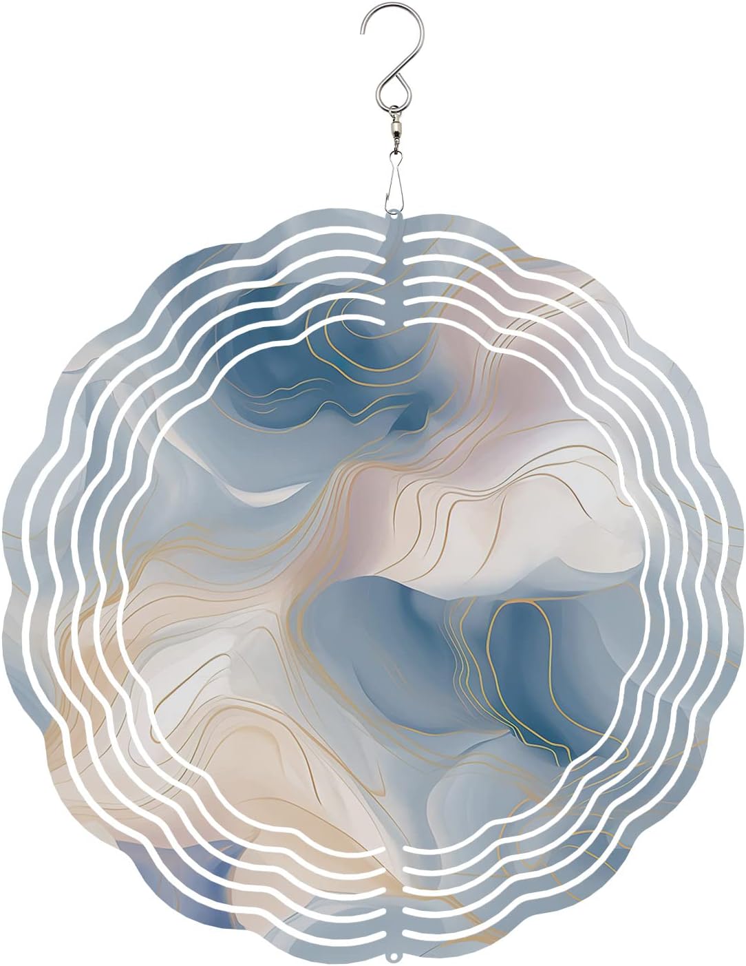 Marble Texture Wind Spinners, Blue Grey White Gradient Abstract Hanging Wind Spinners for Yard and Garden 3D Stainless Steel Metal Sculptures Crafts Ornaments 12 inch