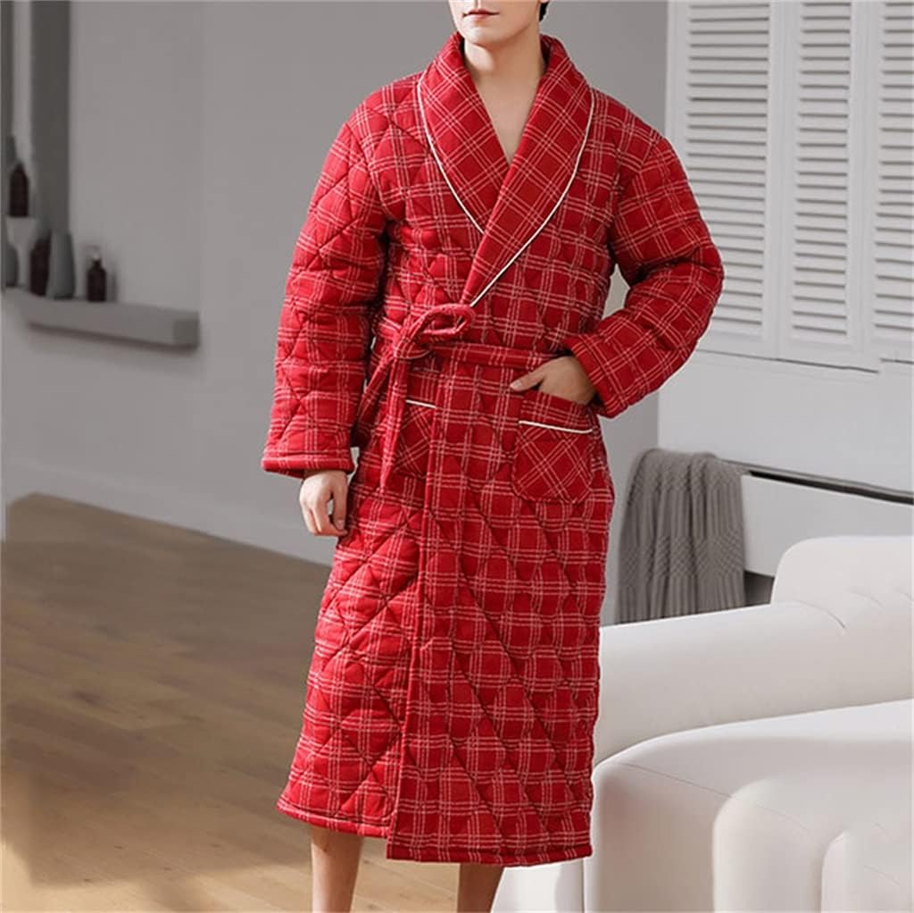 Bathrobe Men's Winter Pajamas 3-layer Thickening Warm Home Wear Red Bathrobe Men's Pajamas Home Wear Bathrobe(2XL code)
