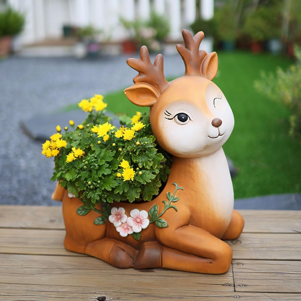 DFGHNBVC Outdoor Planter, 15.7" MgO Stone Planter Pot, Cute Little Deer Planter, Garden Sculpture Flower Pot For Front Porch, Courtyard, Indoor Outdoor Use