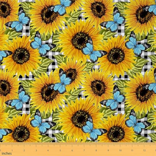 Homewish Filles Tissu Tournesol au Mètre 184x150 (HxB), Tissu D'Ameublement Bleu pour Chaises, Tissu Décoratif Floral Jaune, Tissu d'intérieur et d'extérieur À Thème Végétal, Abstrait Imperméable