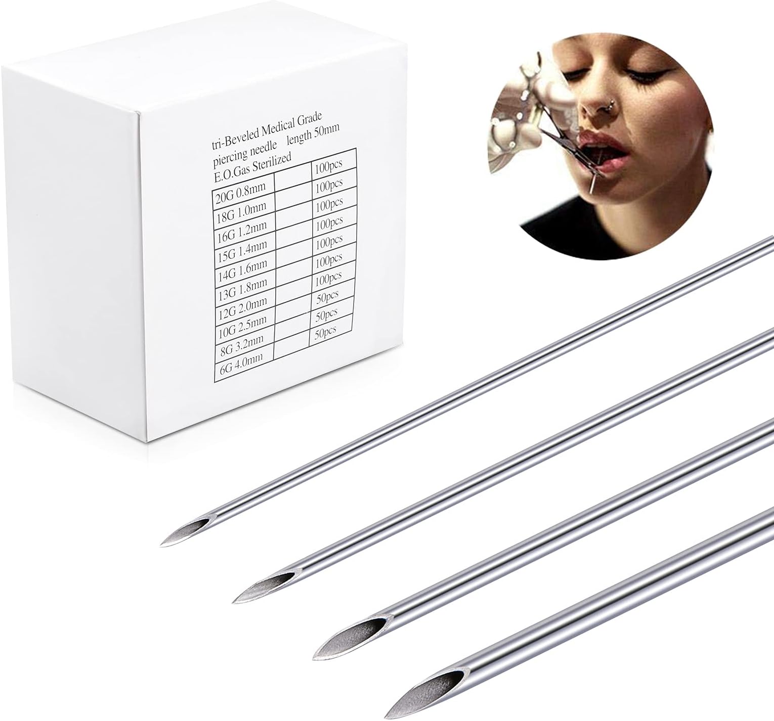 JIESIBAO 50PCS Mixed Body Piercing Needles, 12G 14G 16G 18G 20G Stainless Steel Sterile Disposable Ear Nose Navel Nipple Lip Piercing Needles