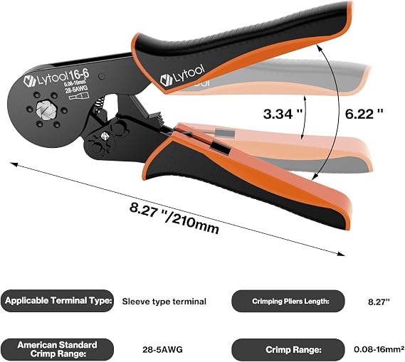 Hexagonal Ferrule Crimper Tool AWG28-5 (0.08-16mm2), Lytool Wire Ferrule Crimping Tool, Self-Adjustable Ratchet Wire Crimping Pliers for Wire Ferrules Terminals Connector Kit, Cables End-sleeves