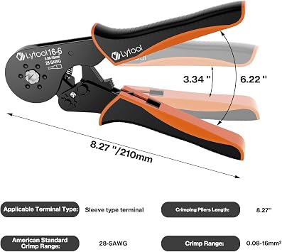 Hexagonal Ferrule Crimper Tool AWG28-5 (0.08-16mm2), Lytool Wire Ferrule Crimping Tool, Self-Adjustable Ratchet Wire Crimping Pliers for Wire Ferrules Terminals Connector Kit, Cables End-sleeves