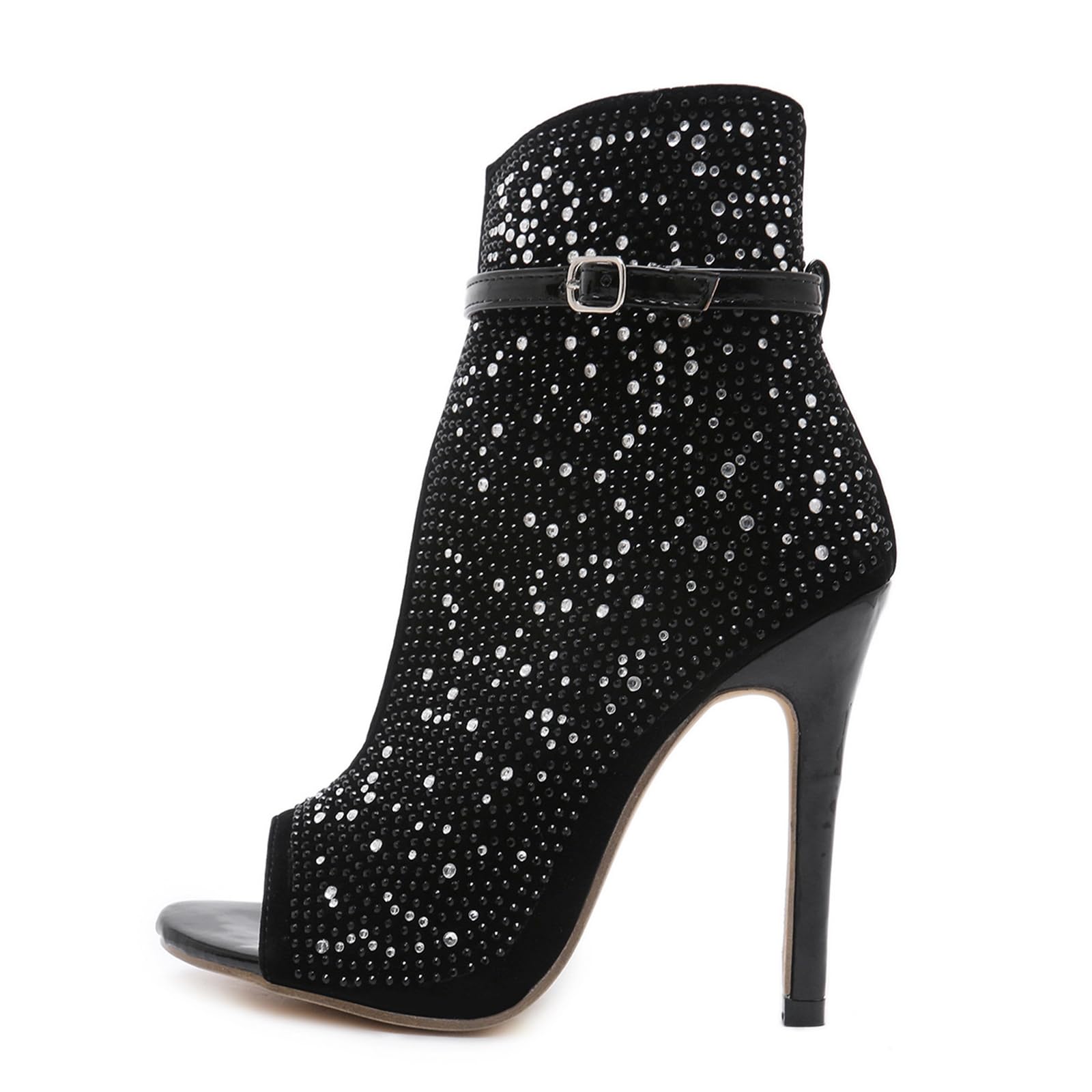 Womens Rhinestone Peep Toe Stiletto Ankle Boots Sexy Round Toe Hollow Breathable Ankle Strap Buckle High Heel Short