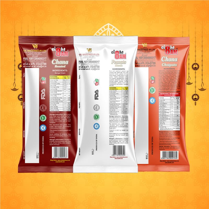 8AM Healthy Snack & Namkeen Combo Pouch, Pack of 9, (Roasted Chana 40g x 3, Chana Chatpata 40g x 3, Peanut Masala 50g x 3), Fiber & Protein Rich Mix Snacks