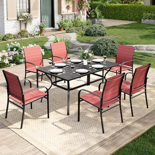 Image of MIXPATIO Patio Table and Chairs Set, Patio Dining Sets for 6 with Red Chairs and Metal Rectangular Table, 7-Piece Patio Furniture Set for Deck Backyard Poolside