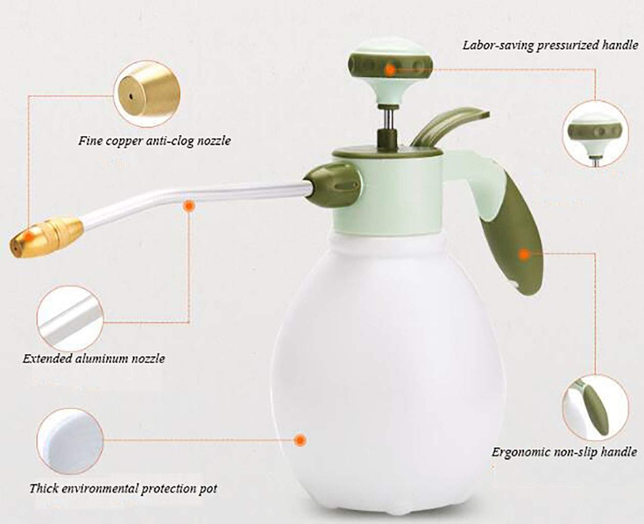 Biały automatyczny opryskiwacz ciśnieniowy 1,2 l z aluminiową rurką przedłużającą do domowego przełącznika czyszczenia i przedniej dyszy natryskowej