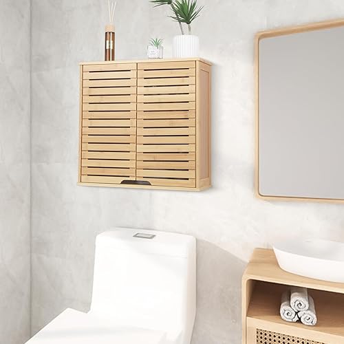 Miniatura 2 de HYNAWIN Bathroom Wall Mounted Bamboo Storage Cabinet with Double Doors, 2-Tier Adjustable Shelf, Over Toilet Organizer for Bathroom, Kitchen,