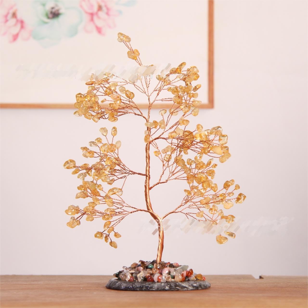 Crystal Fortune Tree Decor, 7 Chakra Natural Gemstones, Handcrafted Agate Base, Feng Shui Money Tree (2 Sets Pink Crystal)