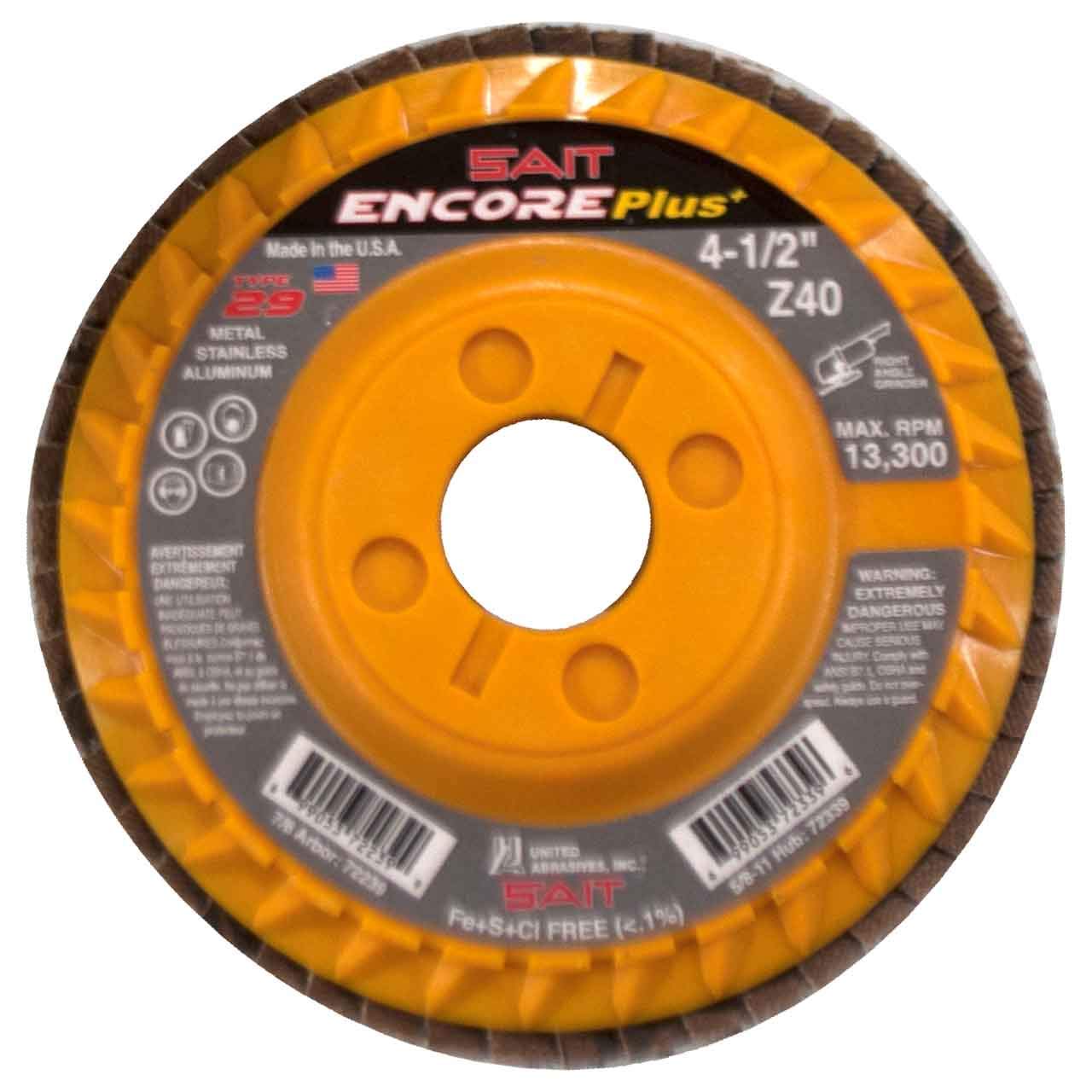 United Abrasives SAIT 72239 4-1/2x7/8 Encore Plus Type 29 No Hub General Purpose Zirconium Flap Discs 40 Grit, 10 Pack