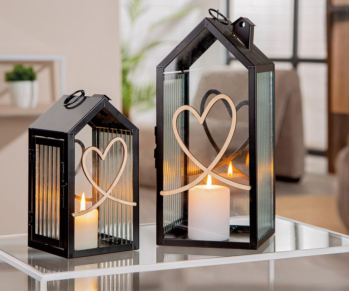 GILDE Set of 2 Heart Lanterns Made of Glass and Metal - Height 32 cm - Matte Black - Ribbed - House Shape - Heart Motif