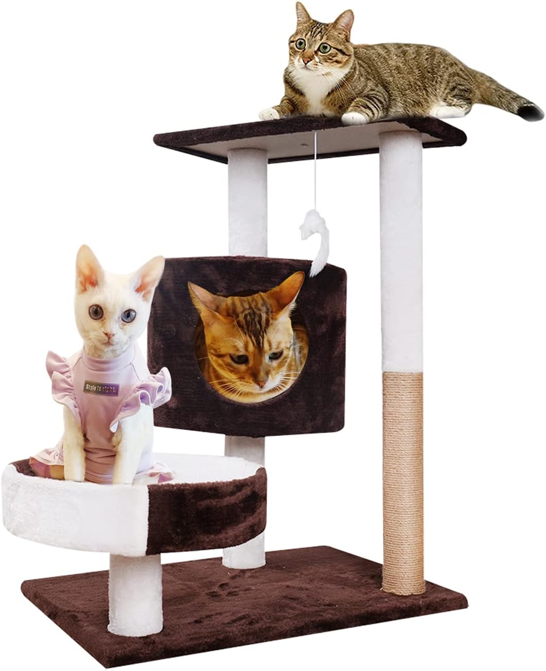 Rness Cat Tree House Cat Tree Small 21.6 inch (55cm) cover soft short plush with a Plush Perch and Sisal Wrapped Pillar for Kitten play Wood Rattan Pet Supplies Easy to Assemgbly, Brown