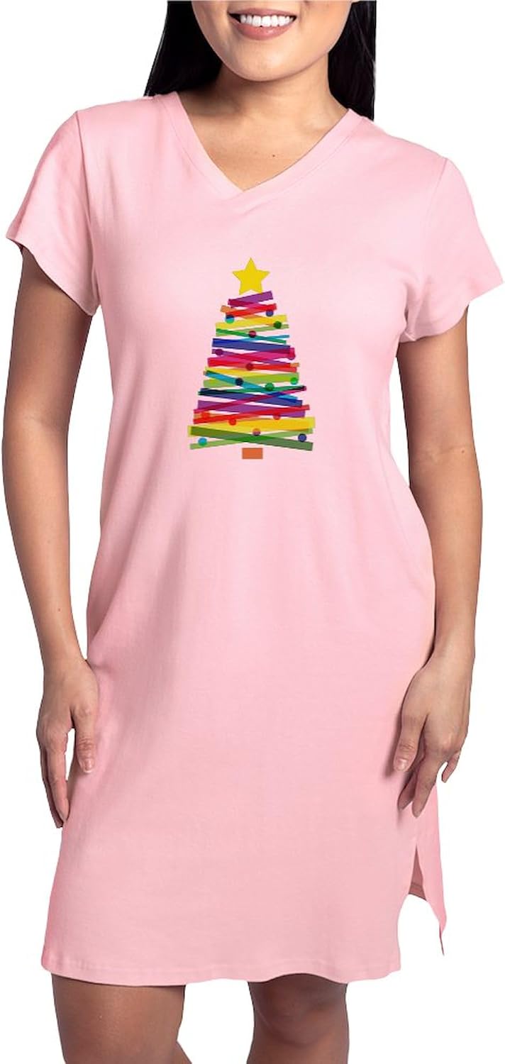 CafePress Colorful Christmas Tree Women's Nightshirt, Soft Long Pajama Shirt, Cotton PJs/Pyjamas Pink