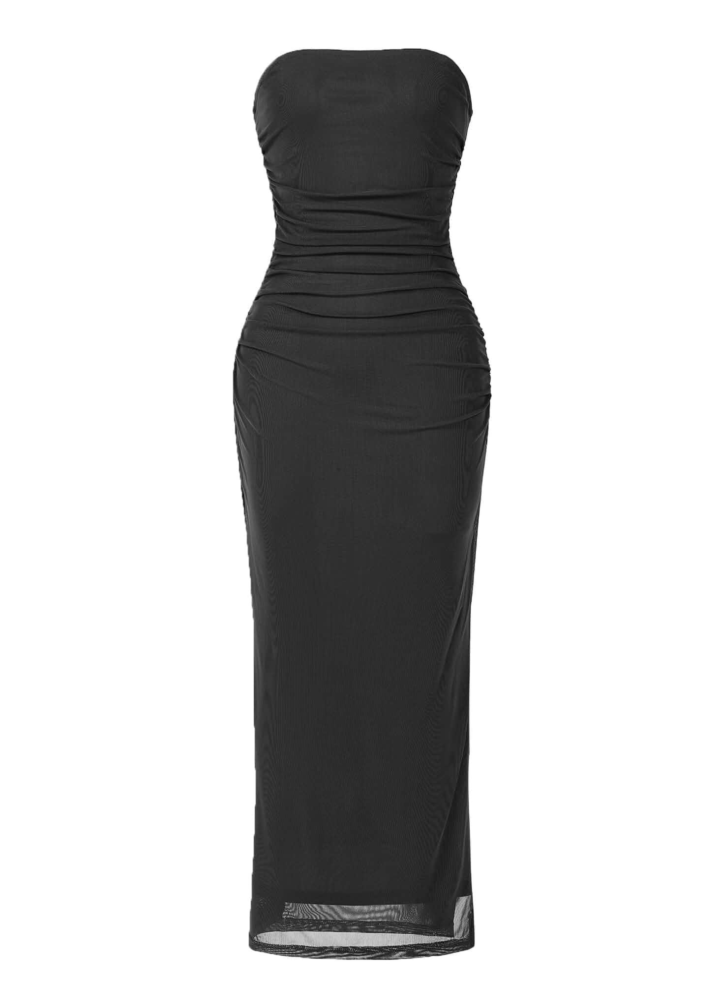 2026 Floral Strapless Tube Ruched Mesh Slit Bodycon Maxi Dresses Long fitted shape with a side slit, Formal dress for receptions, Pair a blazer with ankle boots