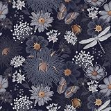 Navy Blue/Gold Floral Peel and Stick Wallpaper With Wildflowers, Butterflies and Dragonflies - Self Adhesive Vintage Contact Paper, Removable Decorative Vinyl, Easy Peel Off - 17.71' X 118.1'