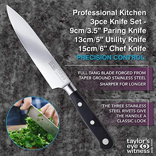 Taylors Eye Witness Oxford Kitchen 3pce Knife Set - 9cm/3.5 Paring, 13cm/5 Utility, 15cm/6 Chef Knives. Full Tang Blade, Razor Sharp, Stainless Steel. Classic Triple Steel Rivet Handle